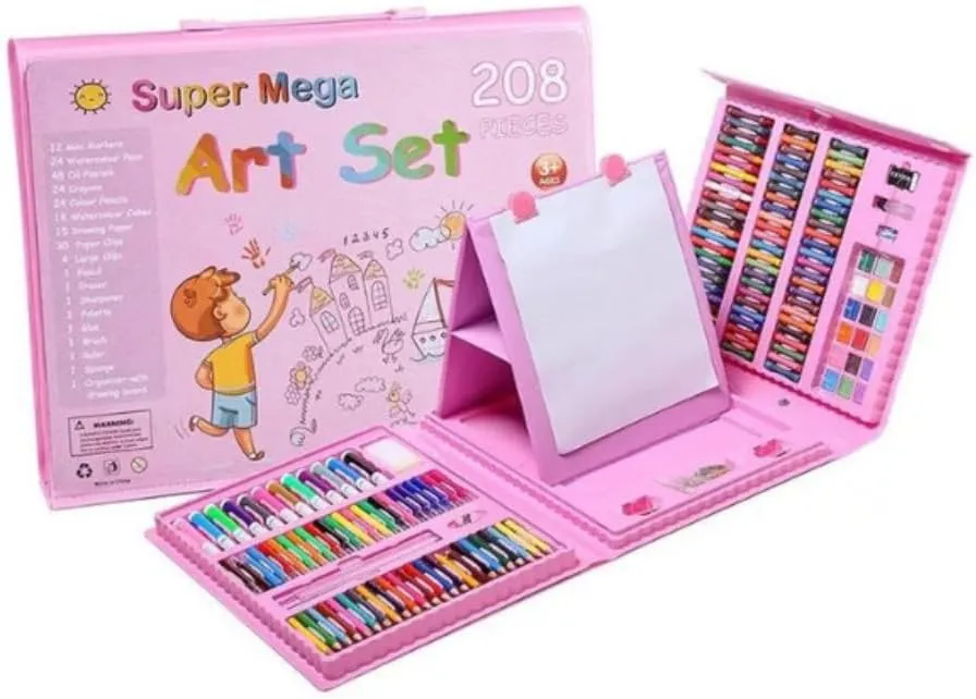 208-Piece Drawing & Art Supplies Kit for Kids, Girls & Boys – Complete Art Set with Double-Sided Trifold Easel, Watercolor Pens, Oil Pastels, Crayons & Colored Pencils, Craft Carrying Case, Pink
